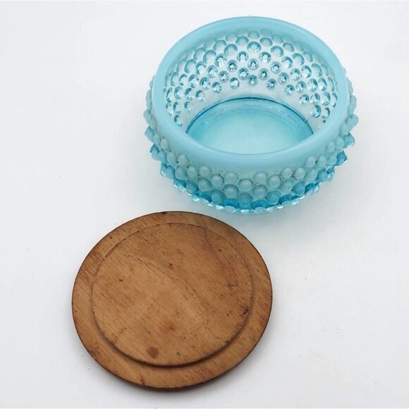 Vintage Fenton Glass Blue Opalescent Hobnail Power Jar with Wooden Lid - Picture 3 of 6
